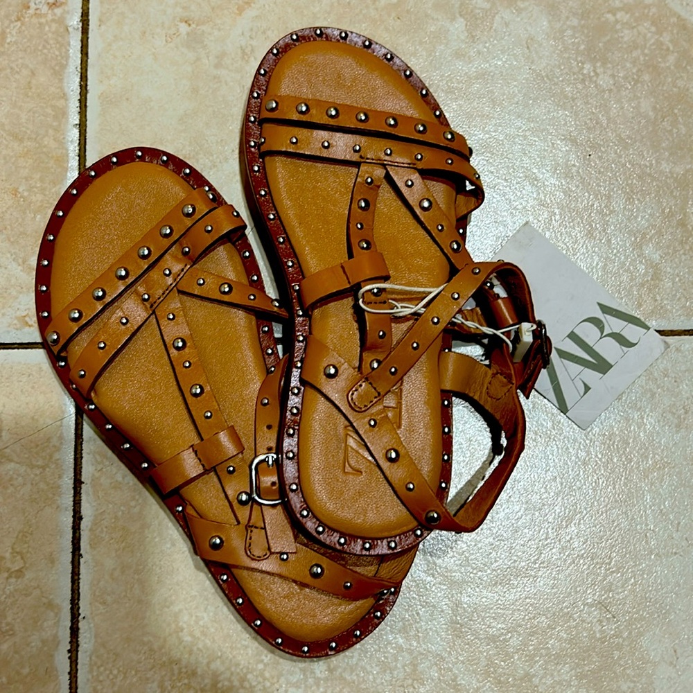 Tan studded sandals for girls, Zara